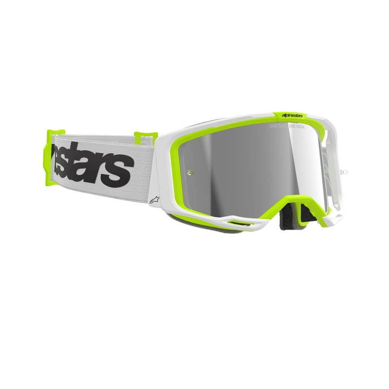 Motokrosové okuliare Alpinestars Vision 8 Wordmark bielo-fluorescenčno žlté so zrkadlovým strieborným plexisklom