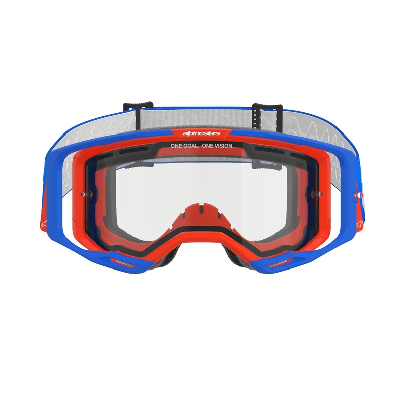 Motokrosové okuliare Alpinestars Vision 8 Wordmark modro-oranžové s dvojitým antifog čírym plexisklom