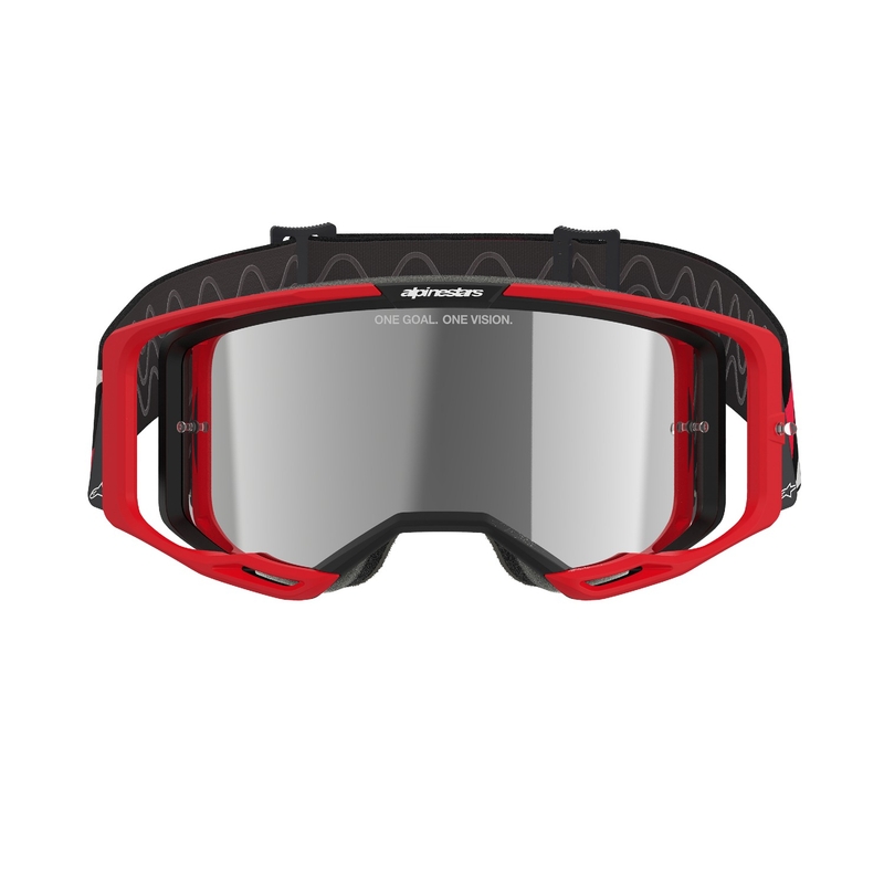 Motokrosové okuliare Alpinestars Vision 8 Luar červeno-čierne so zrkadlovým strieborným plexisklom