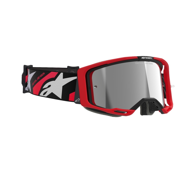 Motokrosové okuliare Alpinestars Vision 8 Luar červeno-čierne so zrkadlovým strieborným plexisklom