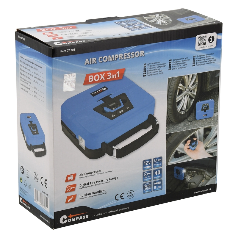 Kompresor 12V BOX digitálny 3 in1
