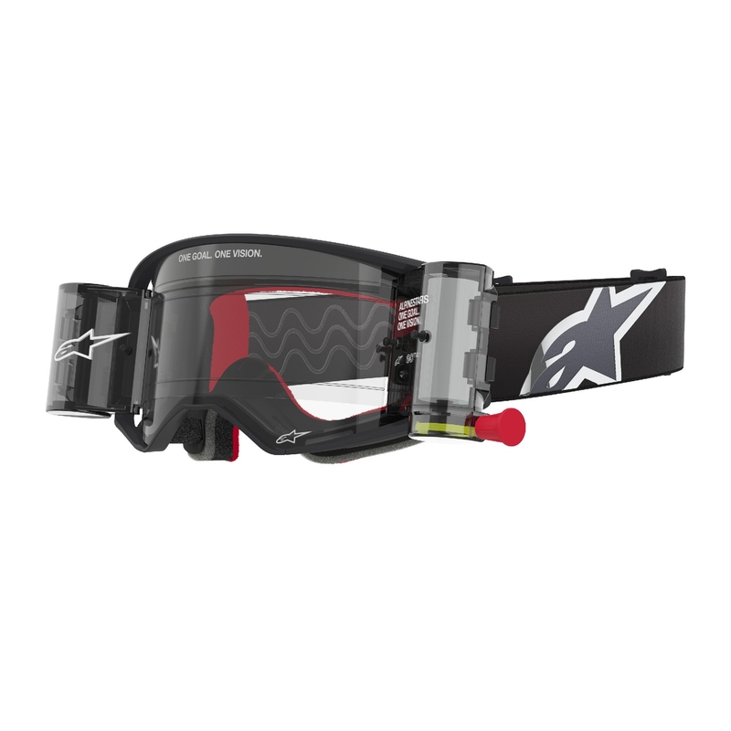 Motokrosové okuliare Alpinestars Supertech Corp ROLL-OFF Wide Vision čierno-šedé s čírym plexisklom
