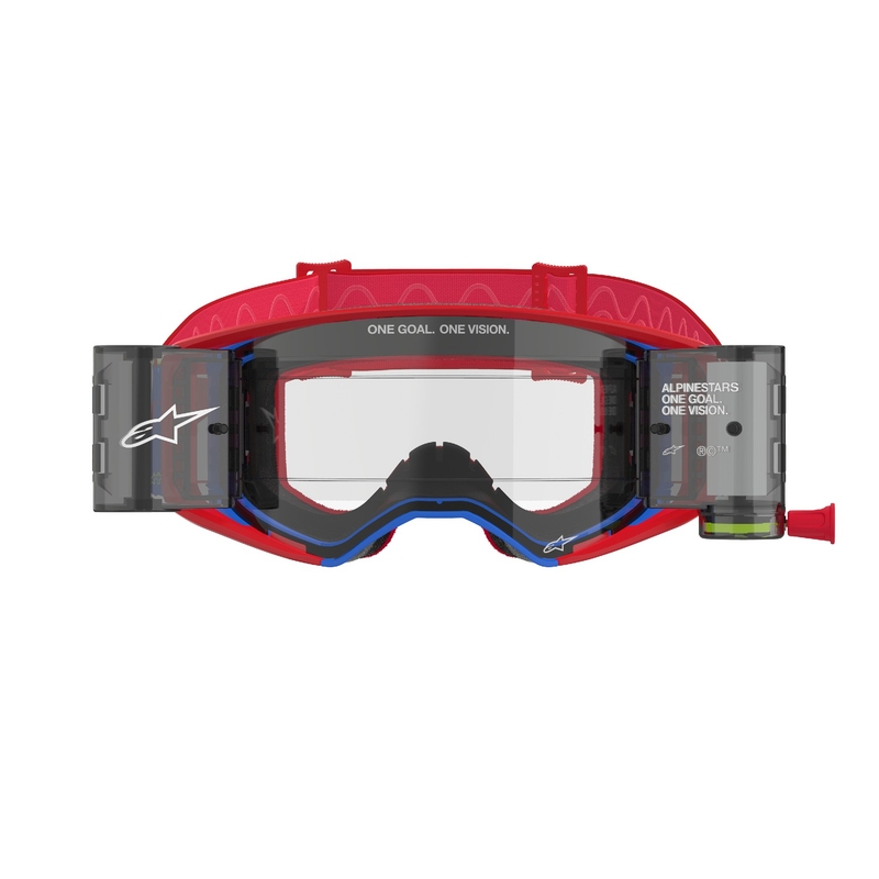 Motokrosové okuliare Alpinestars Supertech Corp ROLL-OFF Wide Vision červeno-modré s čírym plexisklom
