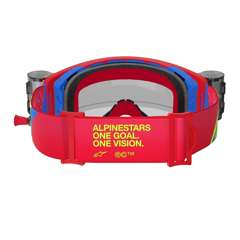 Motokrosové okuliare Alpinestars Supertech Corp ROLL-OFF Wide Vision červeno-modré s čírym plexisklom
