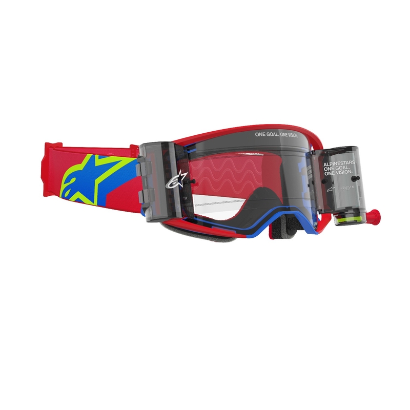 Motokrosové okuliare Alpinestars Supertech Corp ROLL-OFF Wide Vision červeno-modré s čírym plexisklom