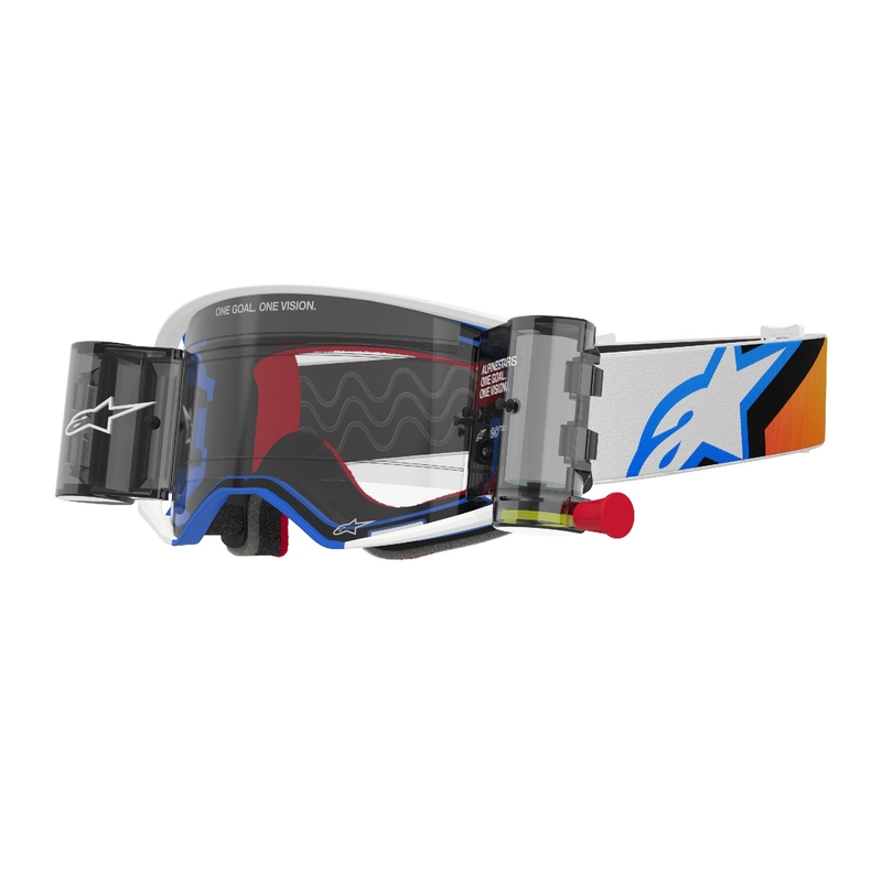 Motokrosové okuliare Alpinestars Supertech Corp ROLL-OFF Wide Vision modro-oranžové s čírym plexisklom