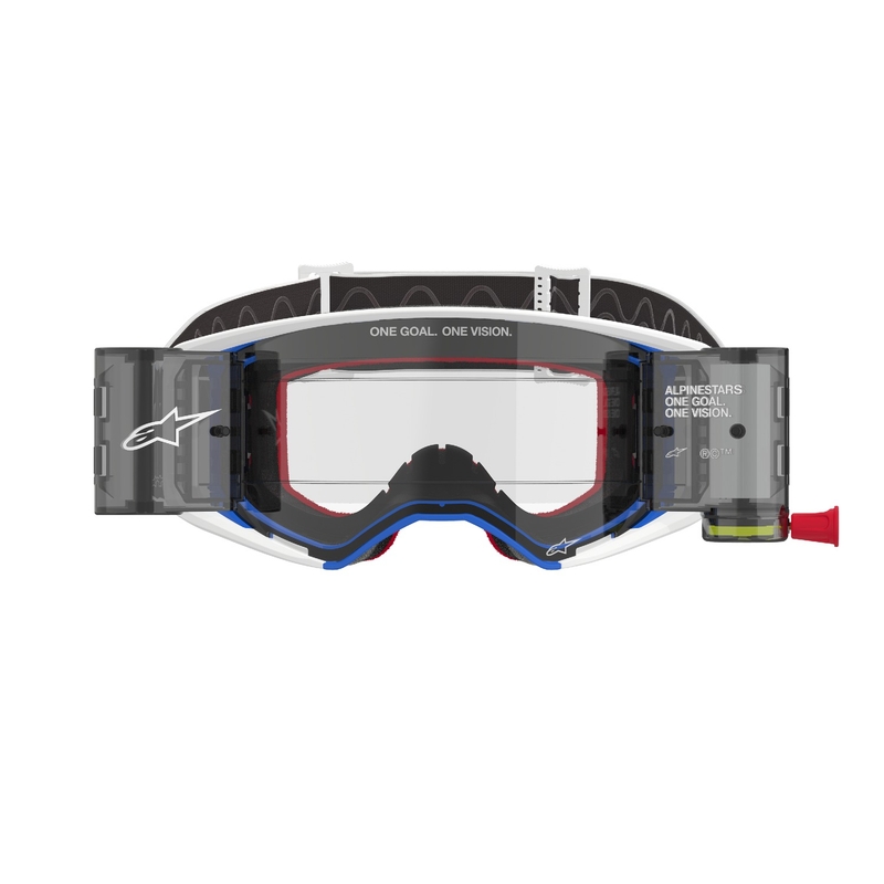 Motokrosové okuliare Alpinestars Supertech Corp ROLL-OFF Wide Vision modro-oranžové s čírym plexisklom