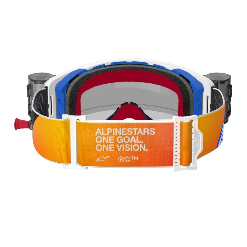 Motokrosové okuliare Alpinestars Supertech Corp ROLL-OFF Wide Vision modro-oranžové s čírym plexisklom