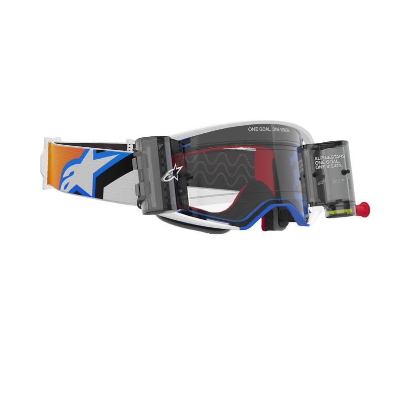 Motokrosové okuliare Alpinestars Supertech Corp ROLL-OFF Wide Vision modro-oranžové s čírym plexisklom