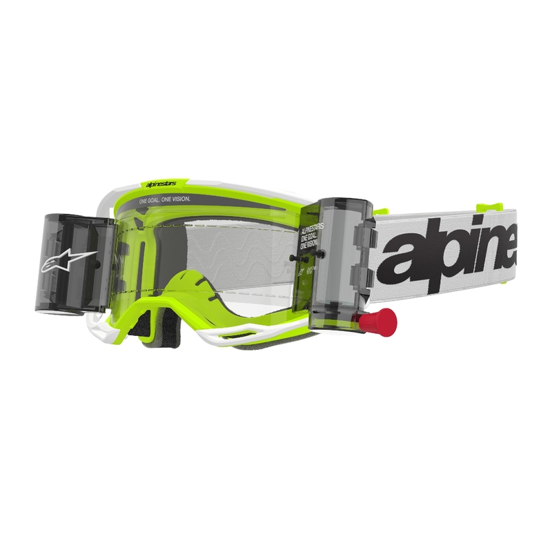 Motokrosové okuliare Alpinestars Vision 8 Wordmark ROLL-OFF Wide Vision bielo-fluorescenčno žlté s čírym plexisklom