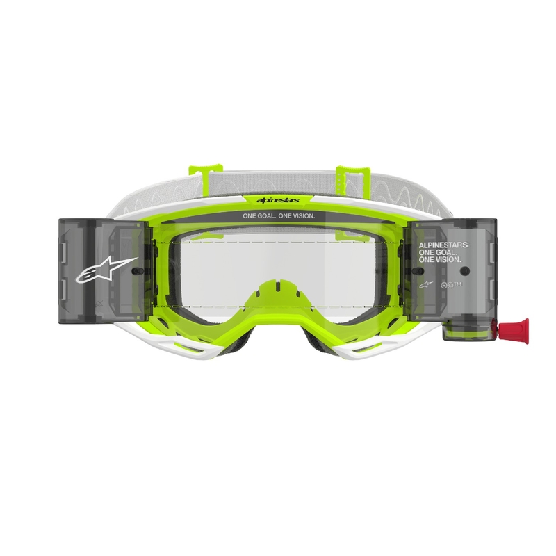 Motokrosové okuliare Alpinestars Vision 8 Wordmark ROLL-OFF Wide Vision bielo-fluorescenčno žlté s čírym plexisklom