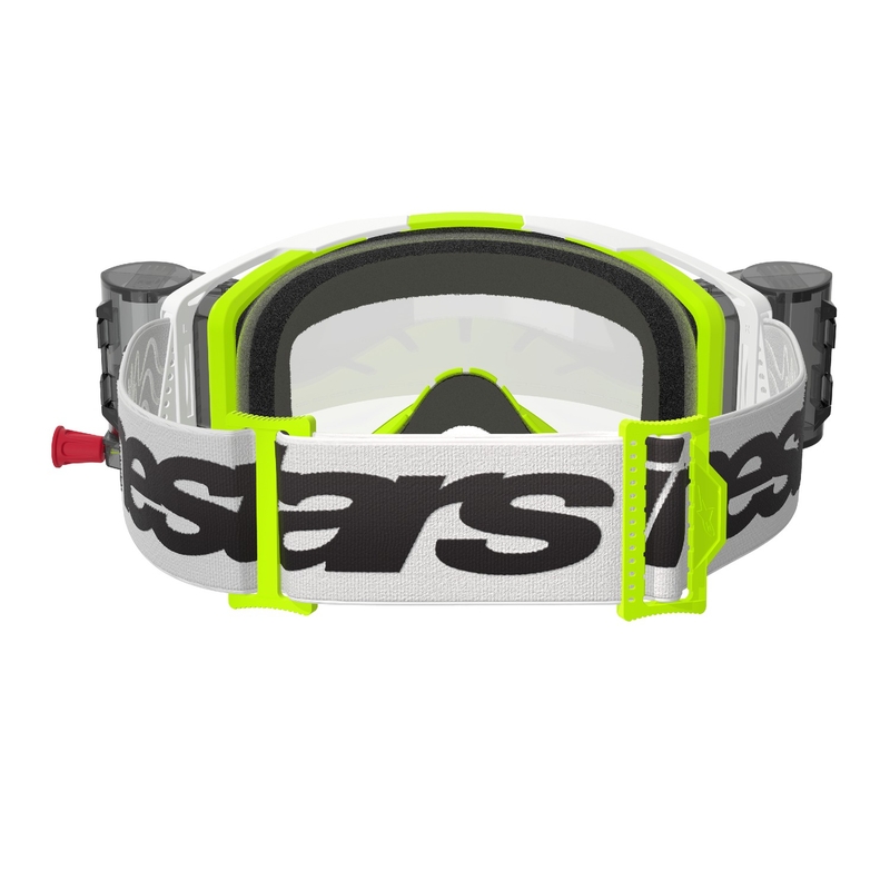 Motokrosové okuliare Alpinestars Vision 8 Wordmark ROLL-OFF Wide Vision bielo-fluorescenčno žlté s čírym plexisklom