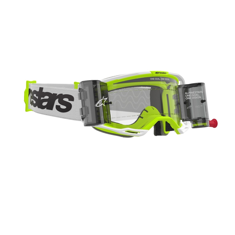 Motokrosové okuliare Alpinestars Vision 8 Wordmark ROLL-OFF Wide Vision bielo-fluorescenčno žlté s čírym plexisklom