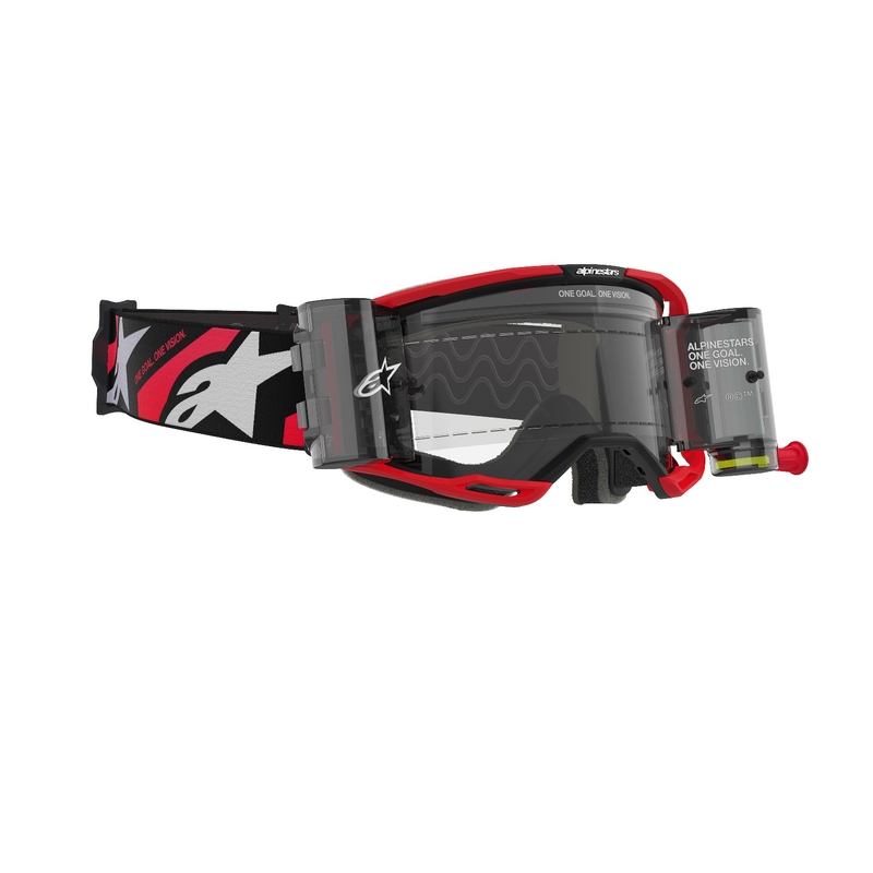 Motokrosové okuliare Alpinestars Vision 8 Luar ROLL-OFF Wide Vision červeno-čierne s čírym plexisklom