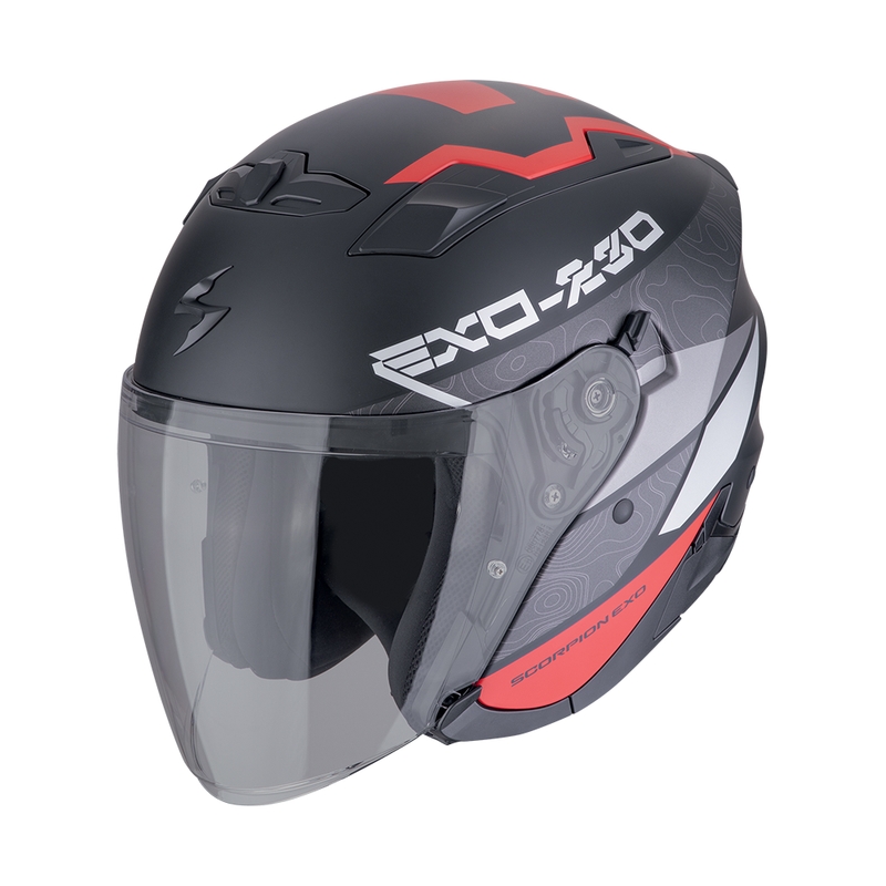 Otvorená prilba na motorku SCORPION EXO-230 BAND matná čierno-červeno-strieborná výpredaj