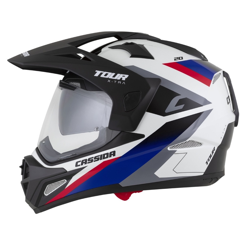 Enduro prilba Cassida Tour 2.0 X-tra bielo-modro-červeno-čierna s čiernym matným šiltom