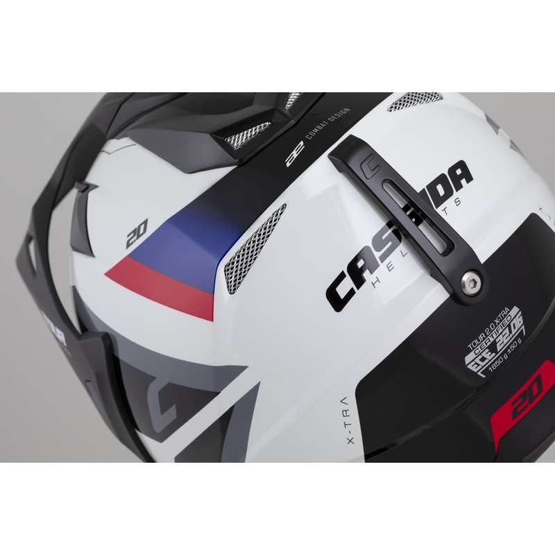 Enduro prilba Cassida Tour 2.0 X-tra bielo-modro-červeno-čierna s čiernym matným šiltom