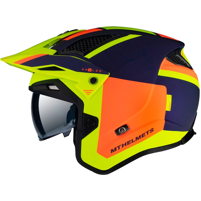 Otvorená trialová prilba na motocykel MT District SV Analog D27 modro-oranžovo-fluorescenčno žltá