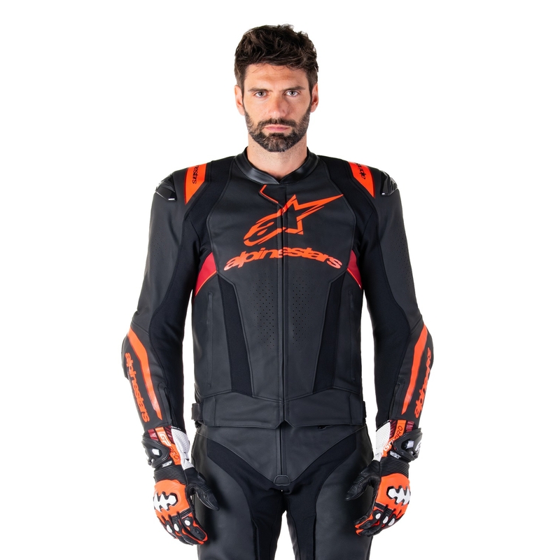 Kožená bunda na motorku Alpinestars Missile 3 Ignition čierno-fluo červeno-tmavo červená