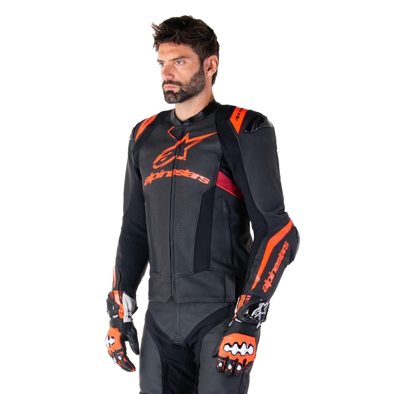 Kožená bunda na motorku Alpinestars Missile 3 Ignition čierno-fluo červeno-tmavo červená