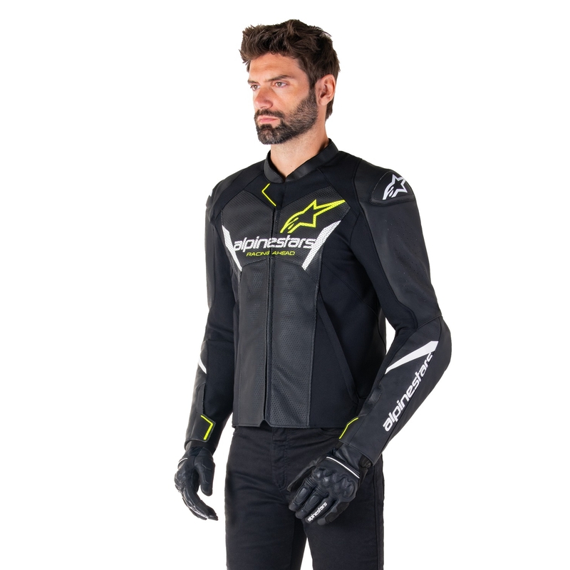 Kožená bunda na motorku Alpinestars Faster 3 Airflow čierno-bielo-fluo žltá