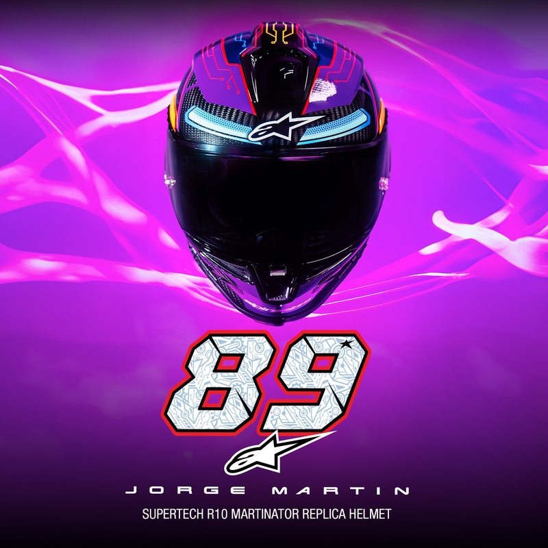 Integrálna prilba na motorku Alpinestars Supertech R-10 limitovaná edícia Martinator Jorge Martin modro-fialovo-červeno-žltá
