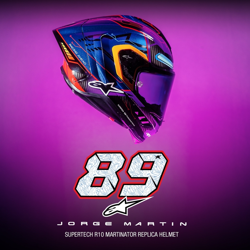 Integrálna prilba na motorku Alpinestars Supertech R-10 limitovaná edícia Martinator Jorge Martin modro-fialovo-červeno-žltá