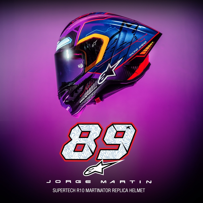 Integrálna prilba na motorku Alpinestars Supertech R-10 limitovaná edícia Martinator Jorge Martin modro-fialovo-červeno-žltá