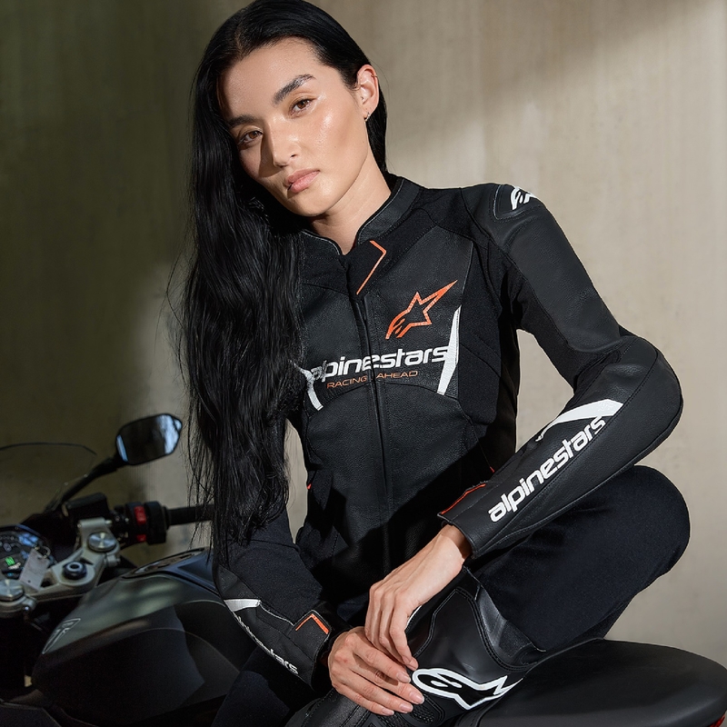 Dámska kožená bunda na motorku Alpinestars Stella Faster 3 čierno-bielo-fluo červená