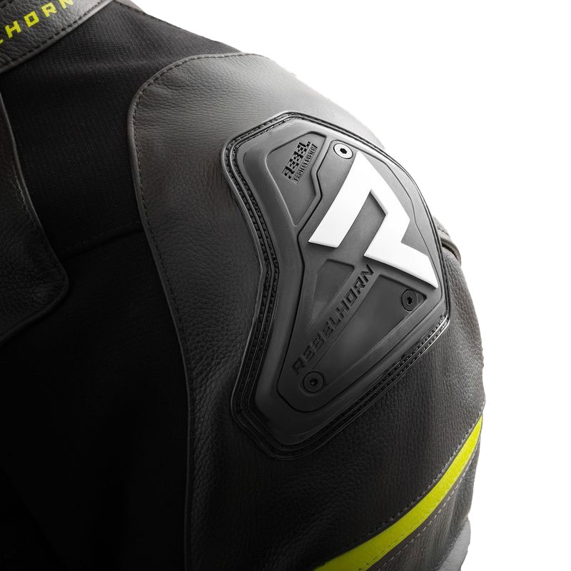 Kožená bunda na motorku Rebelhorn Veloce čierno-šedo-fluo žltá