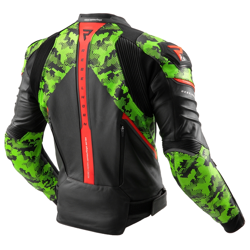 Kožená bunda na motorku Rebelhorn Veloce čierno-camo zeleno-fluo červená