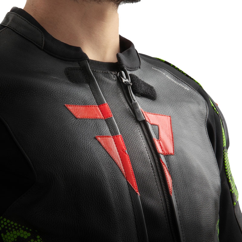 Kožená bunda na motorku Rebelhorn Veloce čierno-camo zeleno-fluo červená