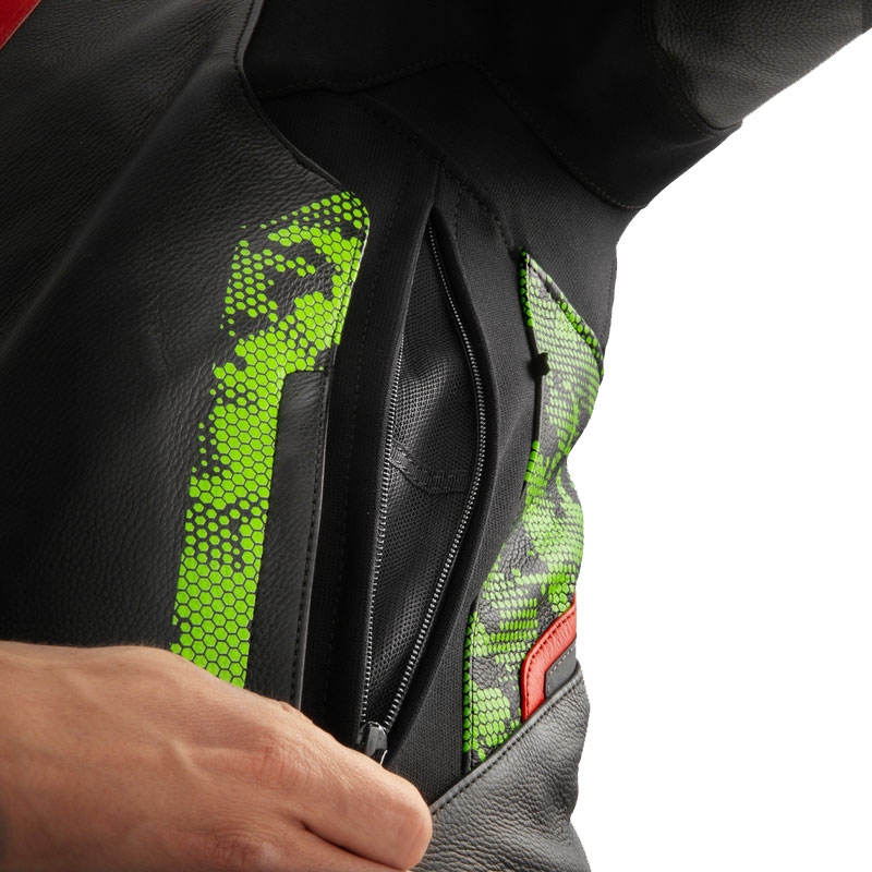 Kožená bunda na motorku Rebelhorn Veloce čierno-camo zeleno-fluo červená