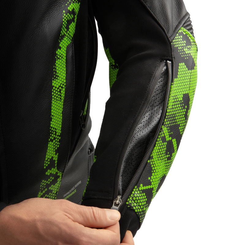 Kožená bunda na motorku Rebelhorn Veloce čierno-camo zeleno-fluo červená