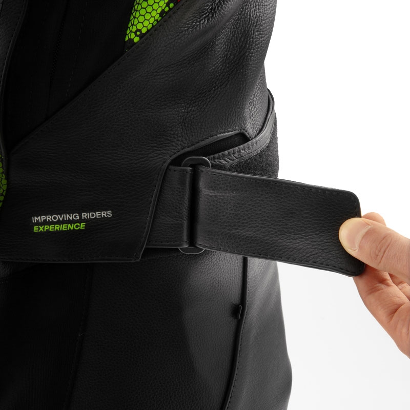 Kožená bunda na motorku Rebelhorn Veloce čierno-camo zeleno-fluo červená