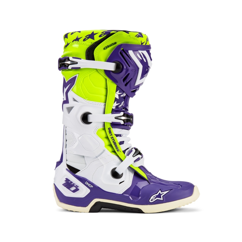 Topánky na motorku Alpinestars TECH 10 limitovaná edícia Dirt Studios fialovo-bielo-fluo žlté