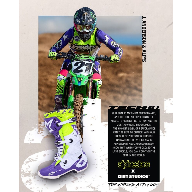 Topánky na motorku Alpinestars TECH 10 limitovaná edícia Dirt Studios fialovo-bielo-fluo žlté