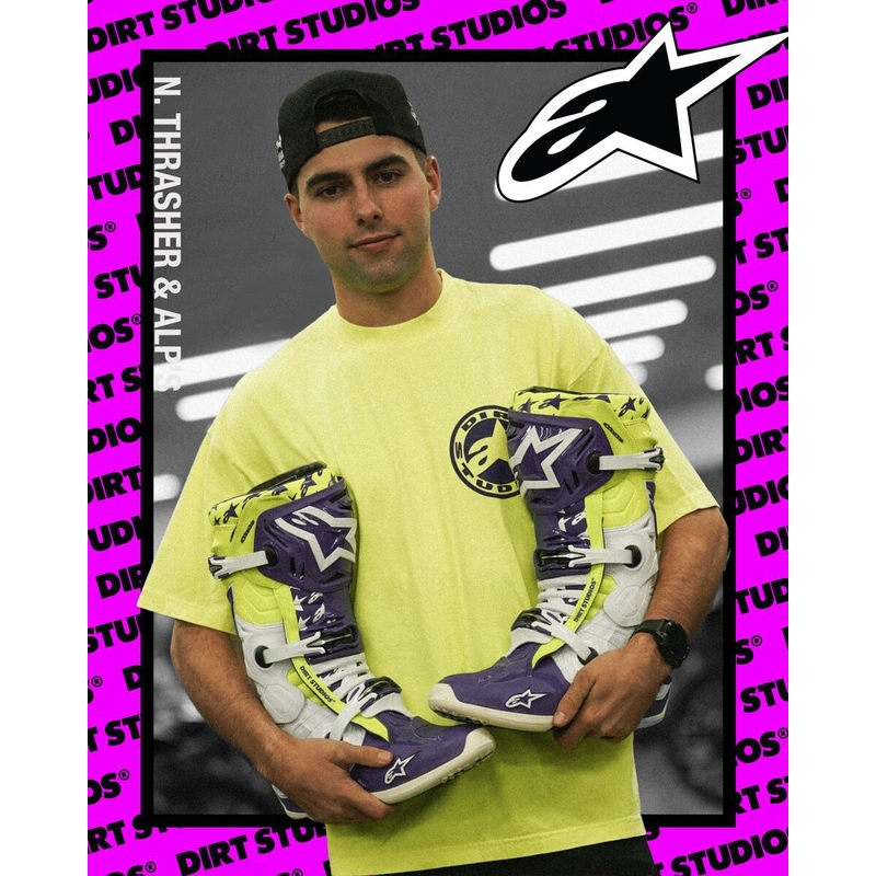 Topánky na motorku Alpinestars TECH 10 limitovaná edícia Dirt Studios fialovo-bielo-fluo žlté
