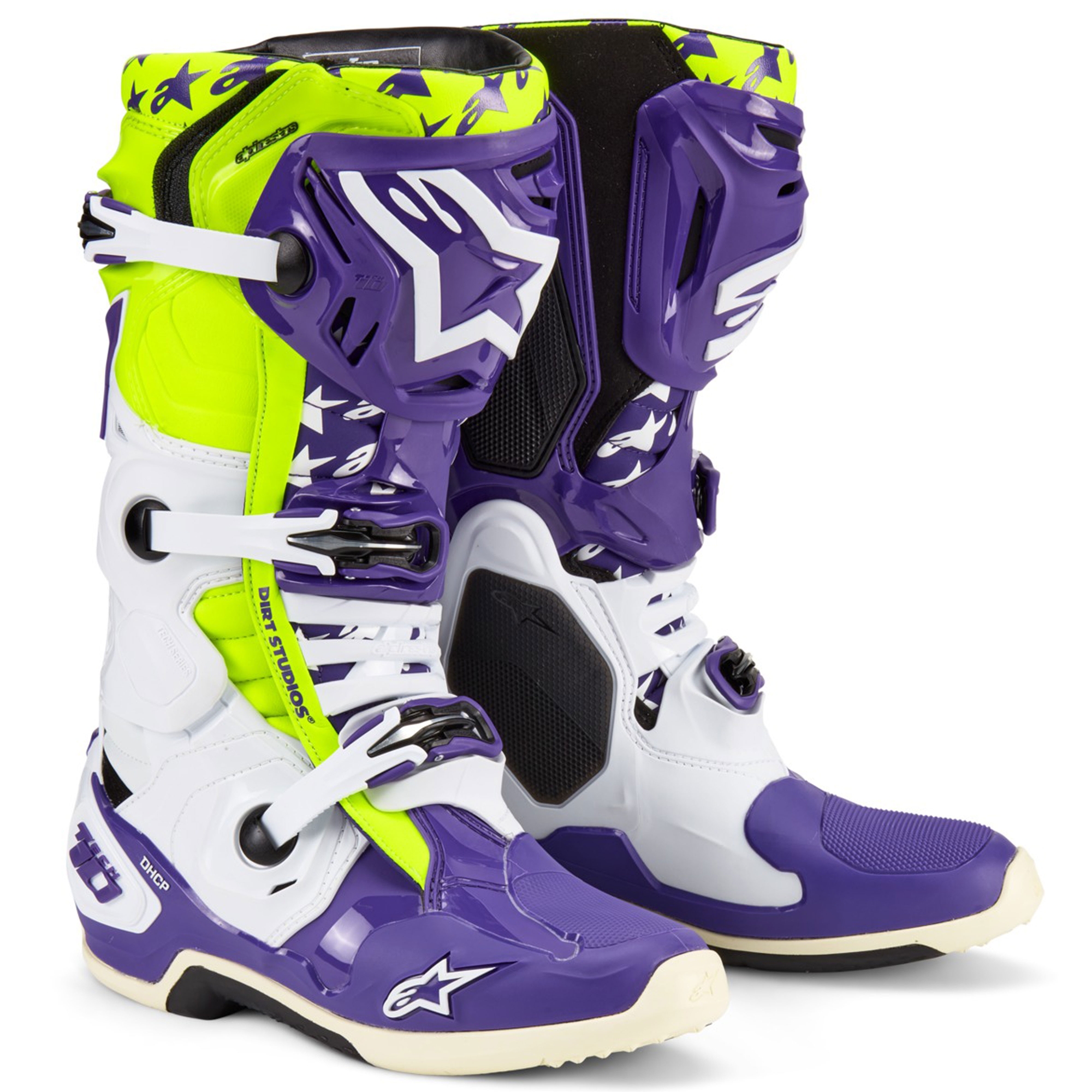 Topánky na motorku Alpinestars TECH 10 limitovaná edícia Dirt Studios fialovo-bielo-fluo žlté Veľkosť: 42