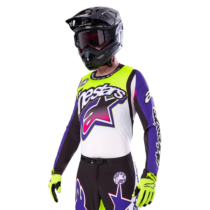 Motokrosový dres Alpinestars Supertech SX limitovaná edícia Dirt Studios bielo-fialovo-ružovo-fluo žltý