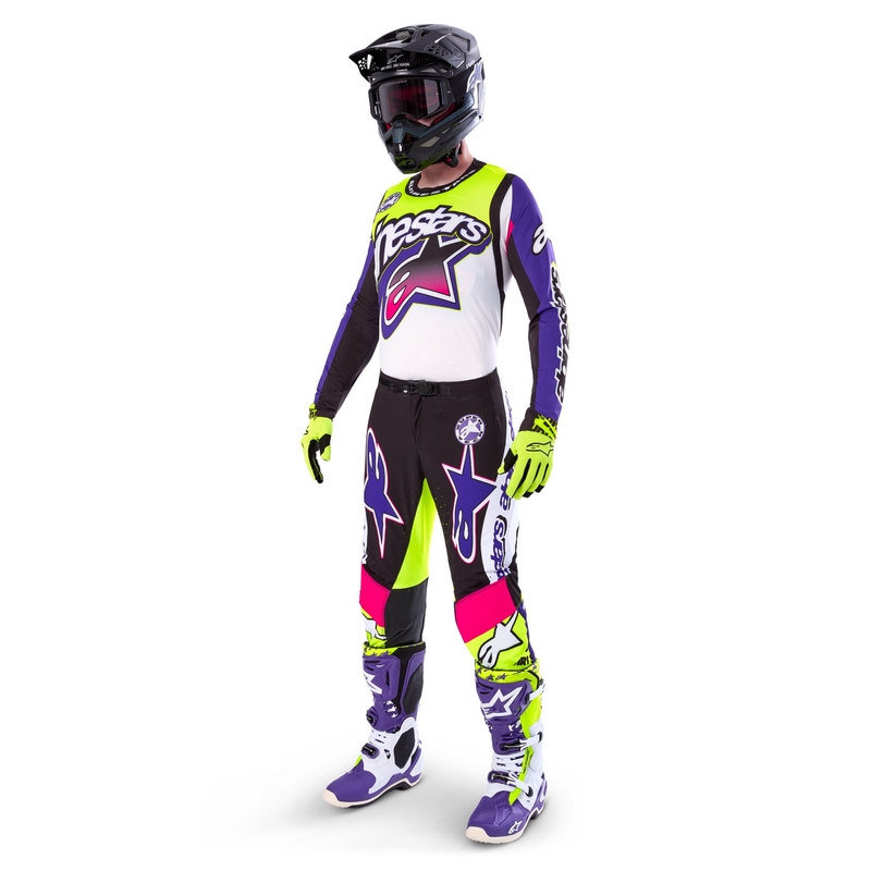 Motokrosové nohavice Alpinestars Supertech limitovaná edícia Dirt Studios bielo-fialovo-ružovo-fluo žlté
