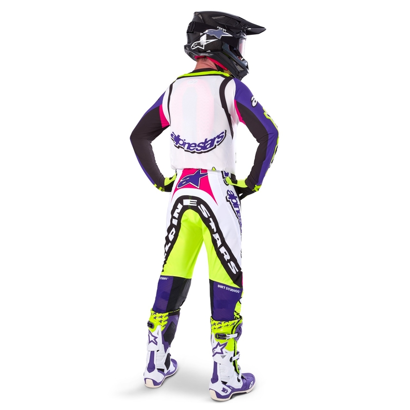 Motokrosové nohavice Alpinestars Supertech limitovaná edícia Dirt Studios bielo-fialovo-ružovo-fluo žlté