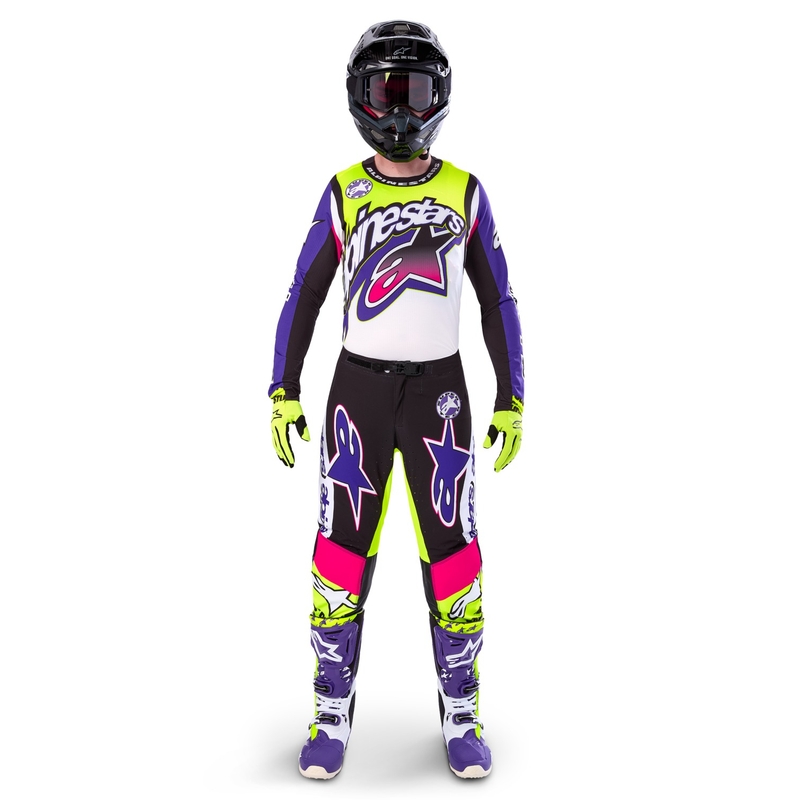 Motokrosové nohavice Alpinestars Supertech limitovaná edícia Dirt Studios bielo-fialovo-ružovo-fluo žlté