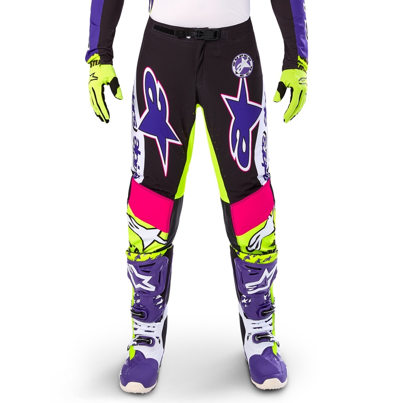 Motokrosové nohavice Alpinestars Supertech limitovaná edícia Dirt Studios bielo-fialovo-ružovo-fluo žlté