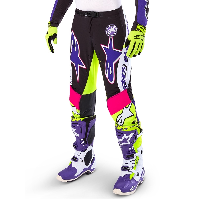 Motokrosové nohavice Alpinestars Supertech limitovaná edícia Dirt Studios bielo-fialovo-ružovo-fluo žlté