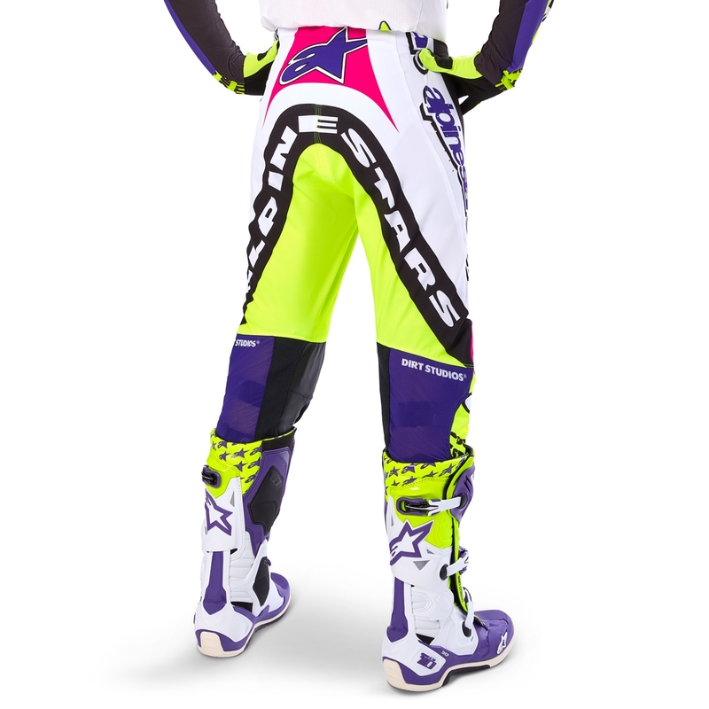 Motokrosové nohavice Alpinestars Supertech limitovaná edícia Dirt Studios bielo-fialovo-ružovo-fluo žlté
