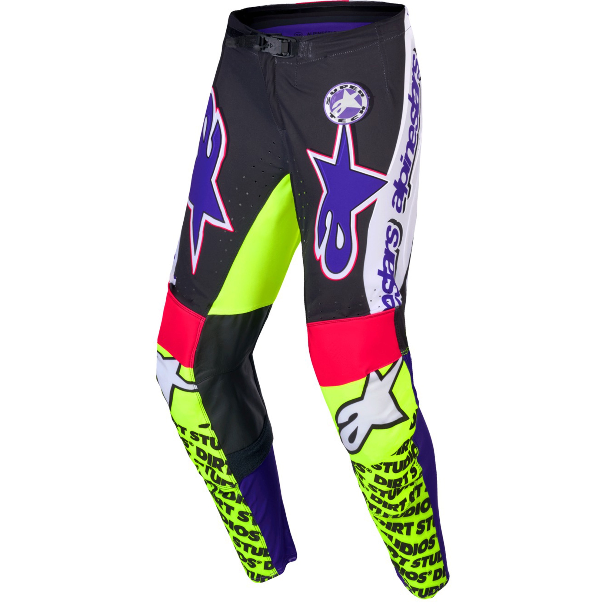Motokrosové nohavice Alpinestars Supertech limitovaná edícia Dirt Studios bielo-fialovo-ružovo-fluo žlté Veľkosť: 32