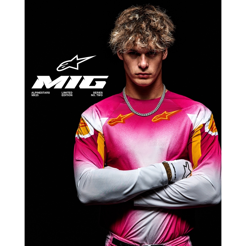 Motokrosový dres Alpinestars Supertech SX AFD limitovaná edícia MIG fluo ružovo-bielo-oranžový