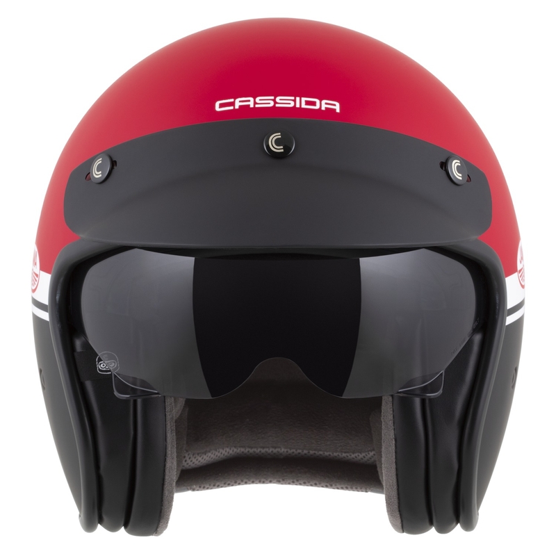 Otvorená prilba na motorku Cassida Oxygen 2.0 Jawa OHC matná červeno-čierno-biela