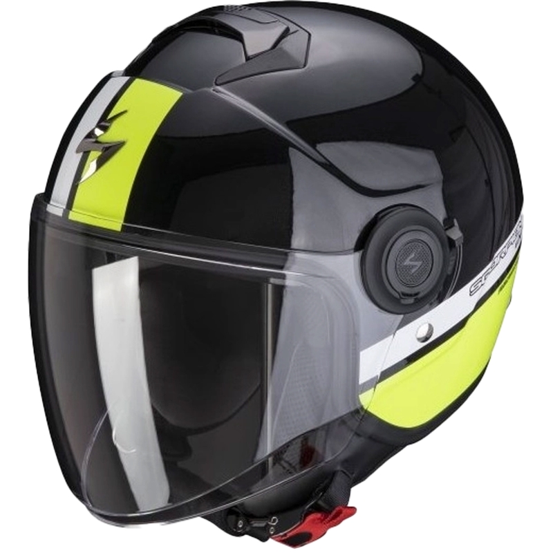 Prilba na motocykel SCORPION EXO-CITY STRADA perleťovo čierno-bielo-fluorescenčno žltá